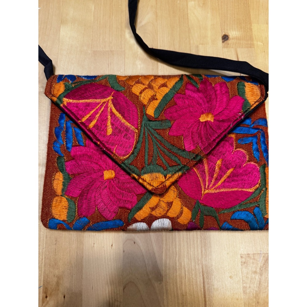 Mexican Floral Embroidered Crossbody Bag Envelope Clutch Boho Multi-Color Canvas